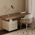 Modern Luxury Wooden Home Study Desk With Marble Storage Cabinet And Stylish Upholstered Chair