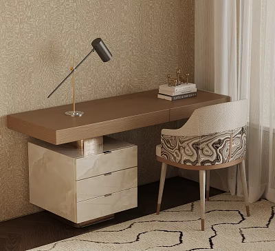 Modern Luxury Wooden Home Study Desk With Marble Storage Cabinet And Stylish Upholstered Chair 3d model