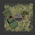 Miniature Rustic Scene With Green Truck Small Cabin Guitar And Red Bucket On Grass