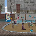 Children's Play Area With Sand Pit Climbing Wall Blue Buckets Shovels And Kids Playing