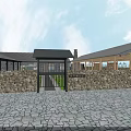 Rural Landscape with Wooden Pavilion Black Tiled Roof Green Lawn Stone Path Lanterns Outdoor Furniture