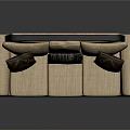 Beige Three Seater Sofa With Dark Wooden Frame And Patterned Striped Cushions
