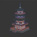 Traditional Japanese Pagoda Featuring Multi Floors Red Framework Black Roofs Golden Top Balconies Gray Platform
