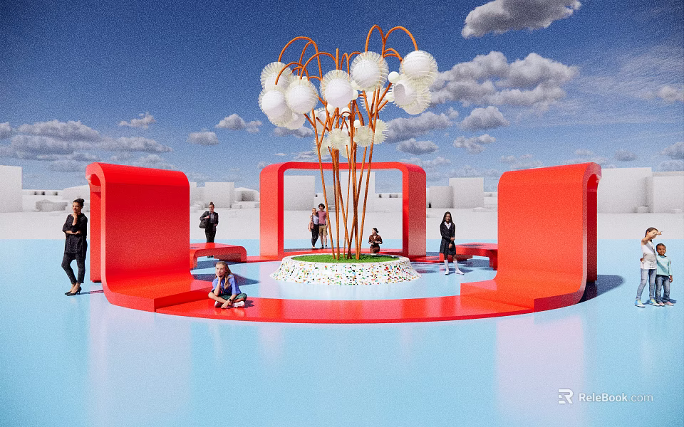 Garden Ornament With White Spherical Decor And Red Curved Seats In Outdoor Area 3d model 