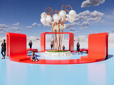 Garden Ornament With White Spherical Decor And Red Curved Seats In Outdoor Area 3d model