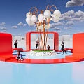 Garden Ornament With White Spherical Decor And Red Curved Seats In Outdoor Area