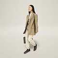 Professional Woman In Beige Blazer And Light Pants Walking With Black Handbag On Neutral Background