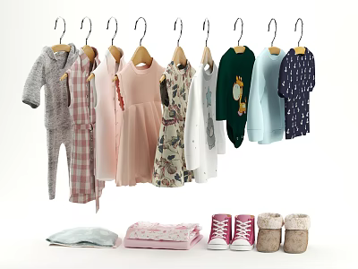 Kids Clothes Hanging On Hangers With Various Styles Colorful Outfits And Folded Clothes 3d model