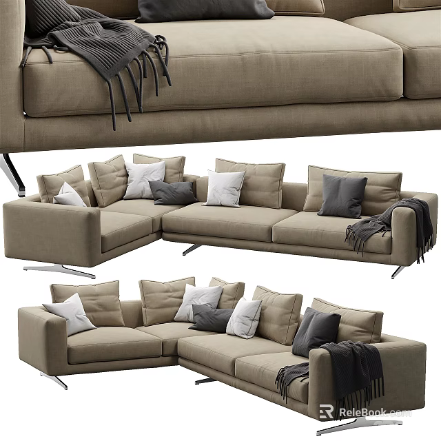 Modern Beige Fabric Sectional Sofa With Multiple Throw Pillows And Blanket 3d model