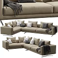 Modern Beige Fabric Sectional Sofa With Multiple Throw Pillows And Blanket 3d model