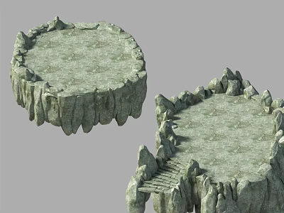 Circular Stone Platforms With Rocky Edges And Wooden Bridge Structure 3d model