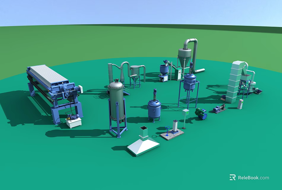 Industrial Processing Equipment System With Reactors Filters Tanks And Pipes 3d model 