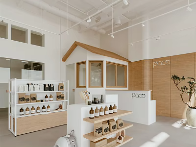 Modern Mall Retail Store With Wooden Structure White Shelves And Product Displays 3d model