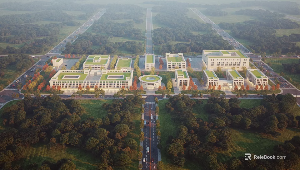 Industrial Factory Complex With Multiple Buildings Green Roofs And Surrounding Greenery 3d model 