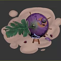 Cartoon Scene with Purple Fruit House Green Leaves Ladder Pink Ground and Sliced Fruits