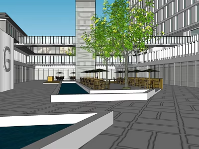 Modern Commercial Street With Outdoor Seating Umbrellas Trees And Water Feature 3d model