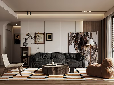 Modern Living Room Interior With Black Leather Sofa Round Wooden Coffee Table Geometric Rug And Abstract Wall Art 3d model