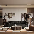 Modern Living Room Interior With Black Leather Sofa Round Wooden Coffee Table Geometric Rug And Abstract Wall Art