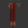 Red Architectural Columns With Decorative Carved Tops And Simple Cylindrical Designs