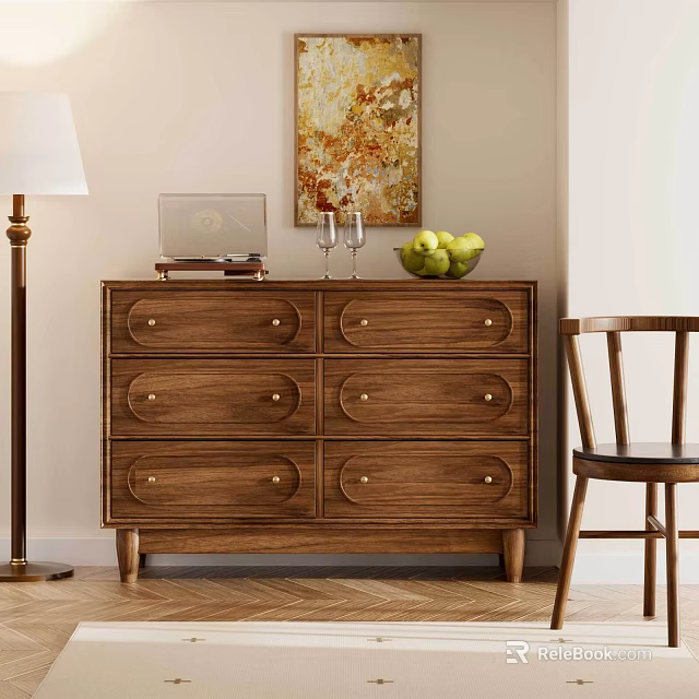 Classic Wooden Dresser With Six Drawers Metal Handles Wine Glasses And Green Apples 3d model 