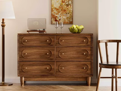 Classic Wooden Dresser With Six Drawers Metal Handles Wine Glasses And Green Apples 3d model