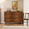 Classic Wooden Dresser With Six Drawers Metal Handles Wine Glasses And Green Apples