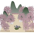 Pink Cherry Blossom Photo Spot With Mountain Shaped Backdrop And Decorative Trees