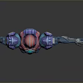 Futuristic Game Movie Character in Blue Red Armor with Outstretched Arms and Glowing Details