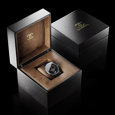 Luxury Chanel Watch In Open Black Leather Box With BALL Logo And Brown Interior 3d model