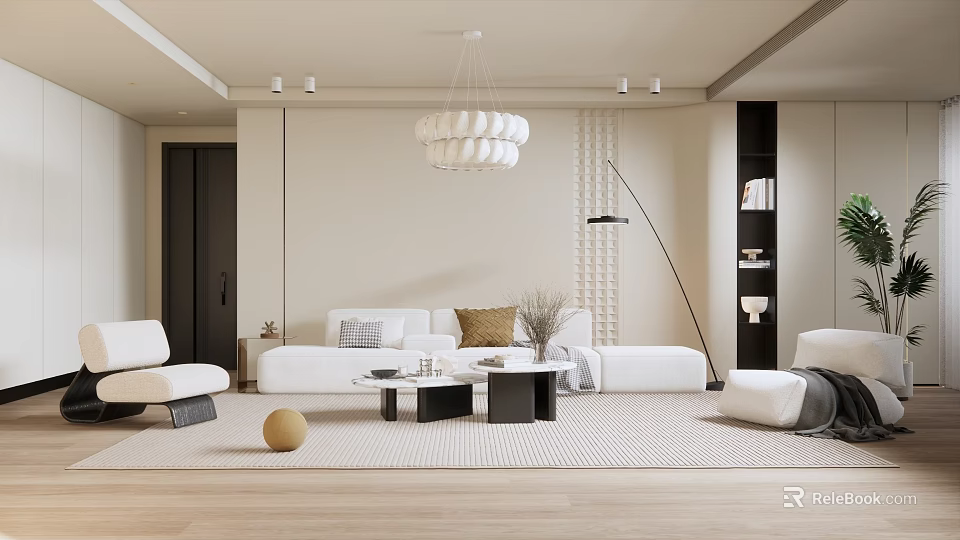 Modern Living Room Interior Design With White Sofa Chandelier Coffee Table And Floor Lamp 3d model 