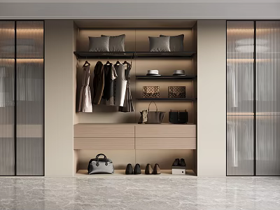Elegant Modern Wardrobe Interior Featuring Hanging Clothes Pillows Hats Bags Drawers Shoes And Glass Doors 3d model