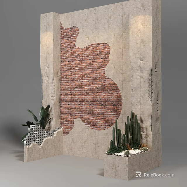 Decorative Background Wall Featuring Red Brick Pattern And Succulent Plant Accents 3d model