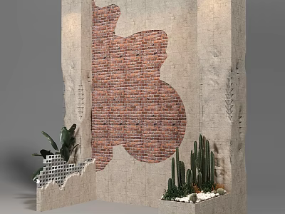 Decorative Background Wall Featuring Red Brick Pattern And Succulent Plant Accents 3d model