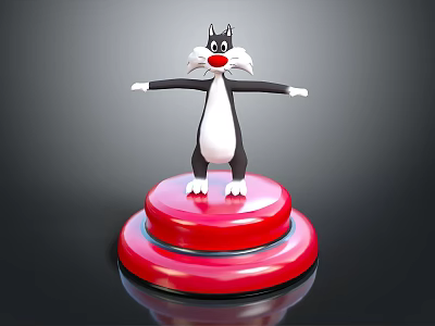 Cartoon Cat Character With Black White Fur Red Nose Standing On Red Round Platform 3d model
