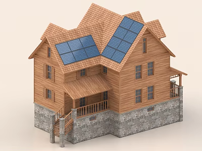 Wooden Detached Villa With Solar Panel Roof Stone Base Balcony And Staircase 3d model