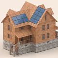 Wooden Detached Villa With Solar Panel Roof Stone Base Balcony And Staircase