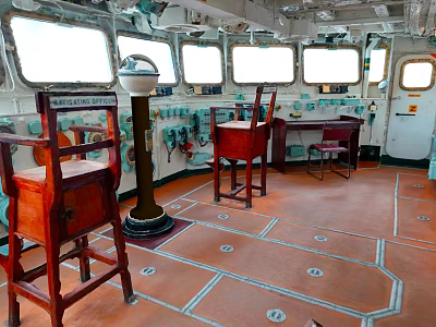 Ship Wheelhouse Interior With Wooden Chairs Tables Control Panels And Orange Floor 3d model