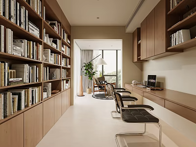 Modern Study Room Interior Design With Wooden Bookshelves Desk Chair And Potted Plant 3d model