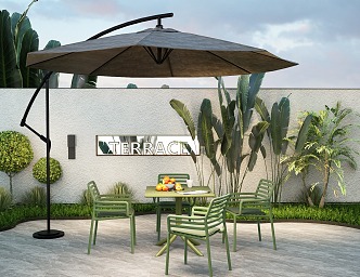 Outdoor Iron Casual Table and Chair Outdoor Dining Table and Chair with Parasol Commercial Outside Table and Chair 3d model