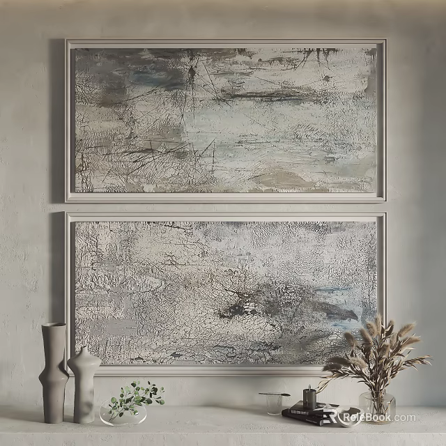 Modern Abstract Paintings In White Frames With Textured Design And Decorative Vases 3d model 