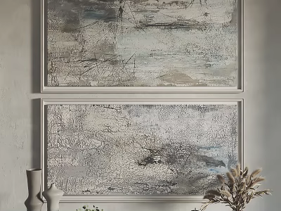 Modern Abstract Paintings In White Frames With Textured Design And Decorative Vases 3d model