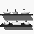 White Bathroom Sinks On Black Shelves With Modern Faucets And Stylish Arrangement