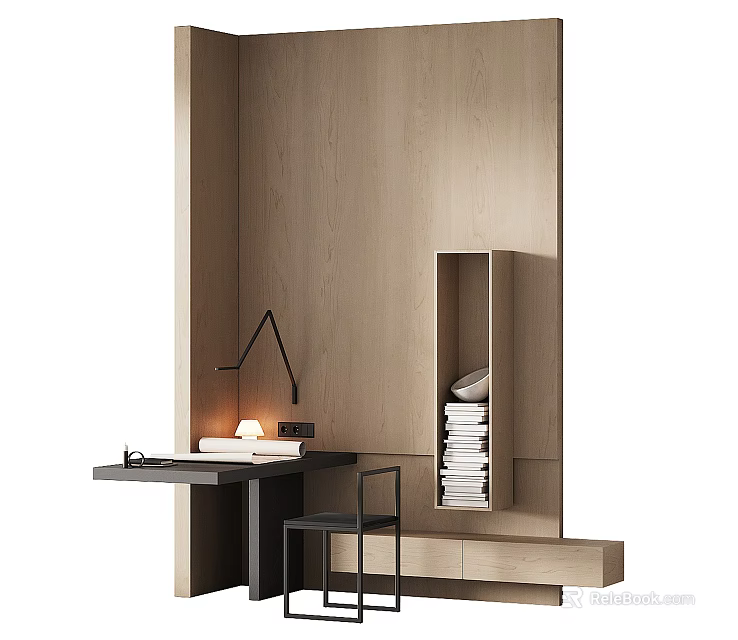 Modern Home Office Desk With Black Chair Table Lamp And Stacked Books Interior Design 3d model 