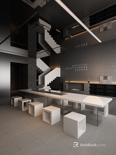 Modern Tea House Interior With Long White Table Black Walls And Staircase 3d model 