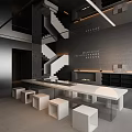Modern Tea House Interior With Long White Table Black Walls And Staircase