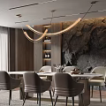 Modern Open Restaurant Interior Featuring Dining Table Chairs Stone Wall Pendant Lights And Large Windows 3d model