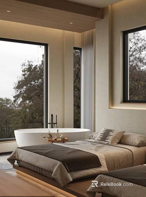 Modern Hotel Guest Room Interior With Large Windows Natural View Bathtub And Cozy Bed 3d model 