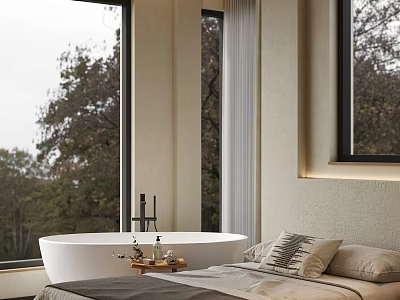 Modern Hotel Guest Room Interior With Large Windows Natural View Bathtub And Cozy Bed 3d model