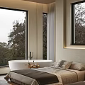 Modern Hotel Guest Room Interior With Large Windows Natural View Bathtub And Cozy Bed