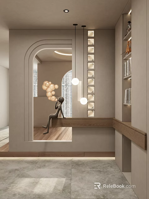 Modern Entryway Hallway Interior With Arched Doorway Pendant Lights And Decorative Figurine 3d model 
